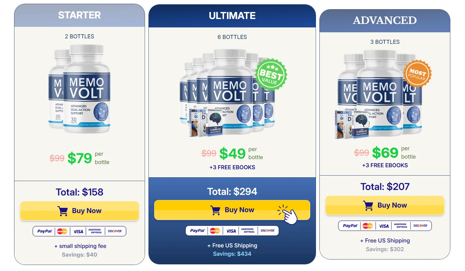 MemoVolt packages 2 bottle 3 bottle and 6 bottle official price options